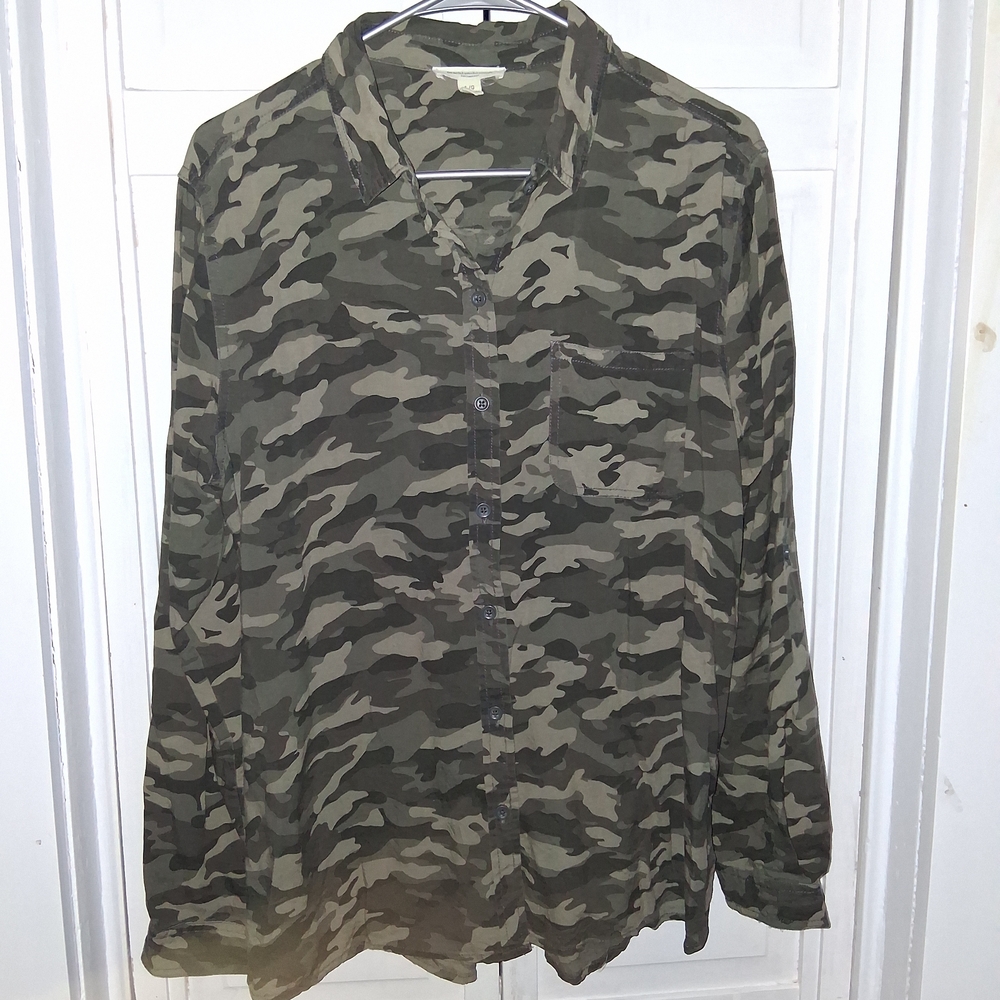 beachlunchlounge Olive Camouflage Button Down Silky Long Sleeve Shirt